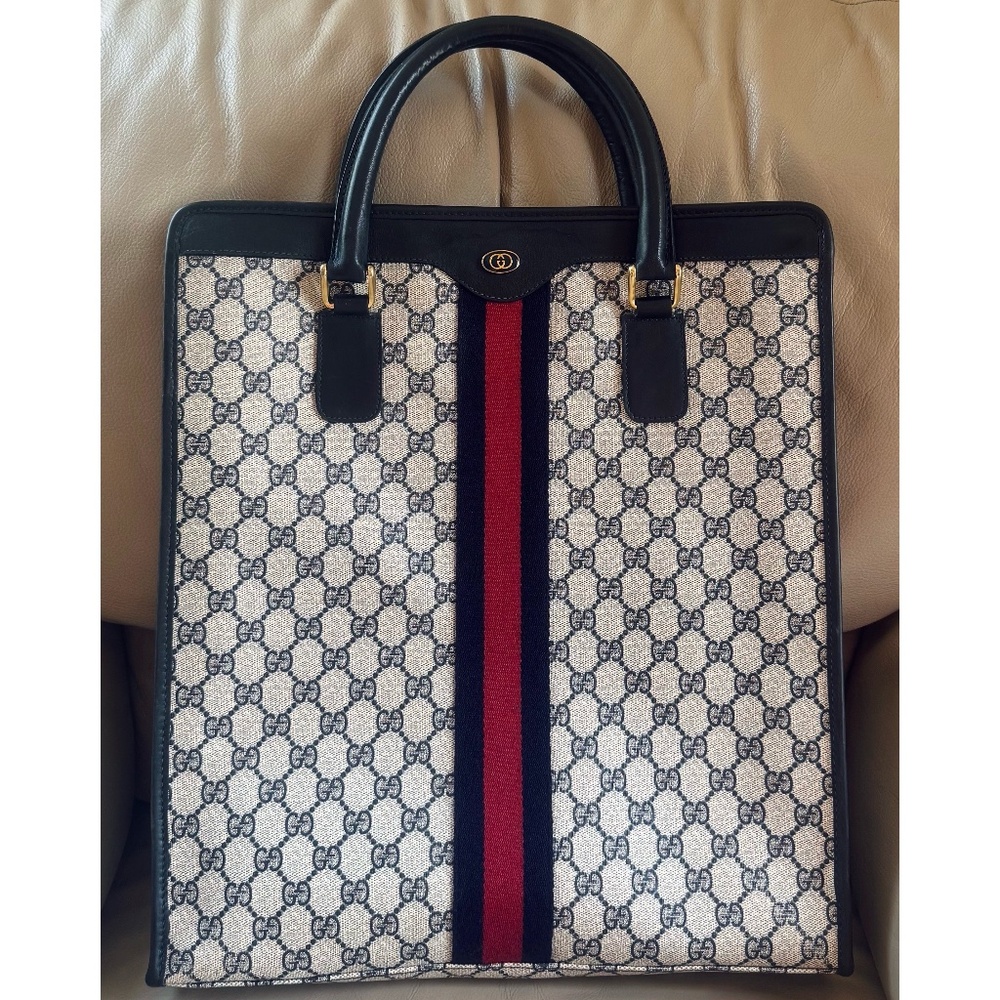 Rare Authentic Vintage Gucci Ophidia Web Monogram Canvas Black Leather Tote Bag